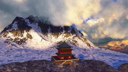 Sun temple - Buddhist shrine in the Himalayas 3d rendering