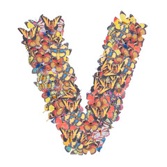Letter V alphabet with butterfly  ABC concept type as logo isolated on white background