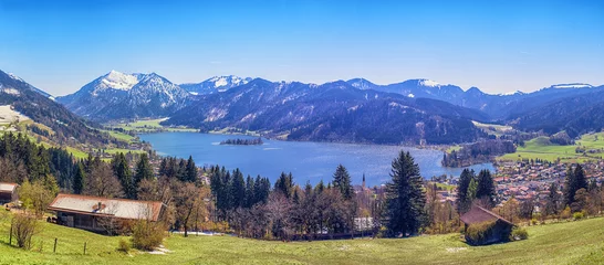 Fototapeten Panoramic landscape with mountain lake of Schliersee near Tegernsee, German Alps, Bavaria, Germany © devnenski