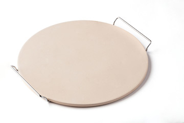 Pizza stone with metal rack on a white background