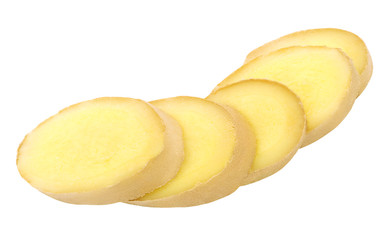 Fresh ginger slices isolated on a white background.