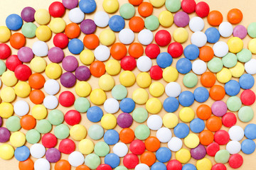 Lollipops sweets. Candy, top view flat lay on yellow background. Sweet sucker, lollipop, candy, food background