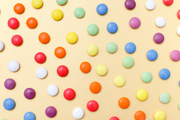 Lollipops sweets. Candy top view flat lay on yellow background. Sweet sucker, lollipop, candy, isolated, food background