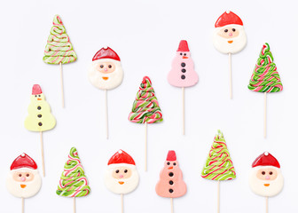 Lollipops sweets. Candy, top view flat lay on white background. Sweet sucker, lollipop, candy, isolated minimal concept above decoration, food background