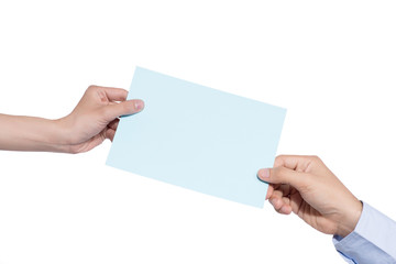 Hand holding blue paper isolated on white
