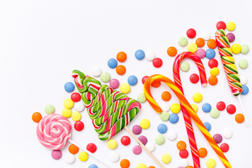 Lollipops sweets. Candy, top view flat lay on white background. Sweet sucker, lollipop, candy, food background - 147166178