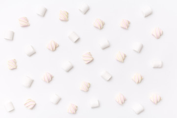 Pattern sweet marshmallow, candy on white background, top view flat lay. Isolated minimal concept above decoration, view white marshmallow, food background - 147166519