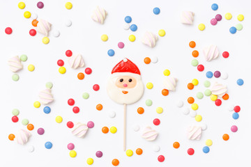 Lollipops sweets. Candy mm, top view flat lay on white background. Sweet sucker, lollipop, candy, food background