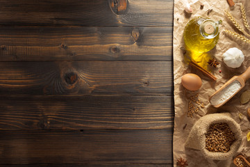 bakery ingredients on wood