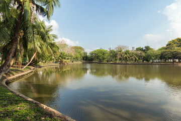 View of palm trees and lake at the Lumpini (Lumphini) Park in Bangkok, Thailand.