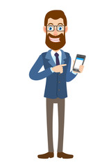 Hipster Businessman pointing at mobile phone in his hand