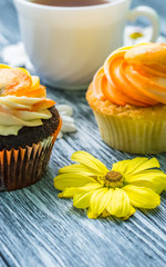 Still life with cup of tea and cake on the wooden background