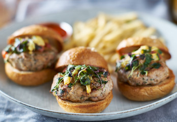 plate of three turkey burger sliders with fries
