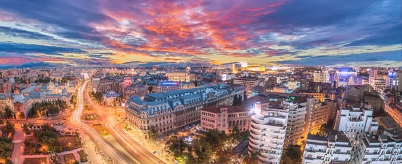 Panorama of traffic lights in the center of the capital city of Romania. Center of Bucharest at...