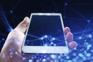 hand hold the snart phone with blue network