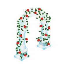 Isometric Cartoon Wedding Ceremony Arch Dome Decorated with Red Roses and Green Leaves - Element for Tileset Map, Landscape Design or Game Object in Colorful Detailed Vector