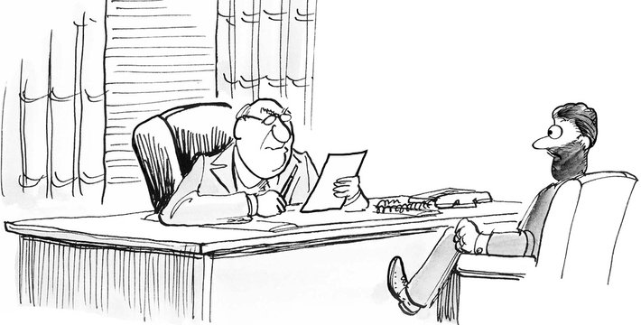 Business Cartoon Illustration Of Two Men From Very Different Generations (baby Boomer And Millennial) In A Meeting, 