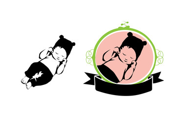 Sleeping Baby Vector Icon - Silhouette in Circular Ornamental Floral Frame with Ribbon Caption - Isolated on White Background