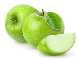 Isolated apple. Two green apple fruit and a piece isolated on white background, with clipping path