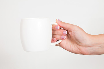 Fototapeta na wymiar Closeup of beautiful female hand holding white mug isolated over white background. Fingernails with french pink manicure. Horizontal color photo.