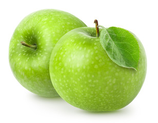 Isolated apple. Two green apple fruit isolated on white background, with clipping path