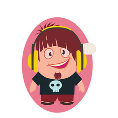 Cute, Cool and Funny Smiling Geek Avatar of Little Person with Headphones Cartoon Character in Flat Vector - Use as Emoji or Mascot, Male Illustration Isolated on White Background