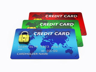 Credit cards with padlock chip isolated on white , Secure banking and online shopping