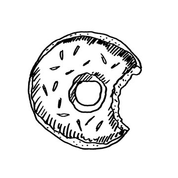 Hand drawn eaten donut isolated on white background. Sketch, vector illustration.