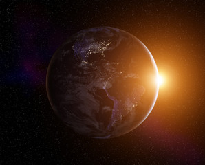 Planet Earth with rising Sun, view from space. Elements of this image furnished by NASA