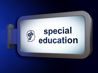 Learning concept: Special Education and Head With Gears on billboard background