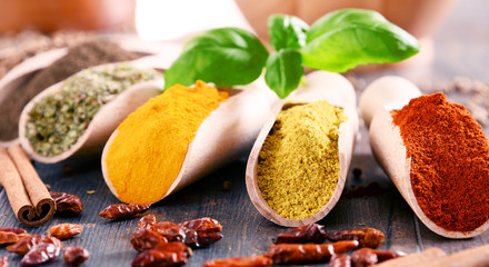 Variety of spices on kitchen table