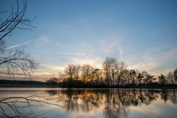 Fototapeta na wymiar Landscape with several trees on side of pond