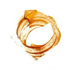 Round Abstract gold acrylic paint brush on white background with place for your text