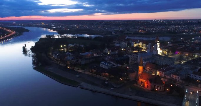 aerial view of old town of city at night