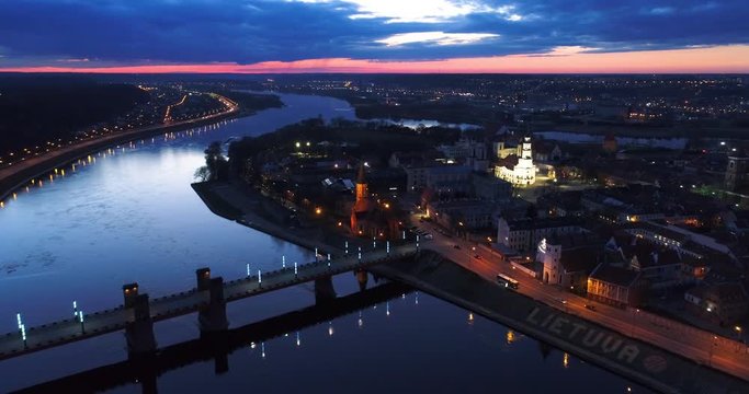 aerial view of old town of city at night