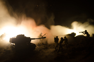 War Concept. Military silhouettes fighting scene on war fog sky background, World War Soldiers...