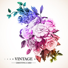 Flowers. Bouquet of roses and peony. Vintage picture, can be used as invitation, greeting card, print on clothes, etc. Hand drawn flowers. Vector - stock