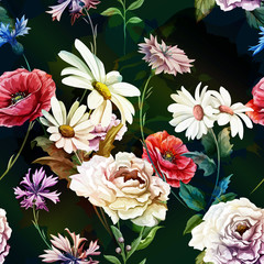 Fototapety  Wzór kwiatów maku z rumianku (rumianek), liści, chabrów i piwonii na ciemnozielony. Zabytkowy styl. Zasoby wektorowe