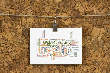 Web Marketing word cloud on business card pinned up on cork board