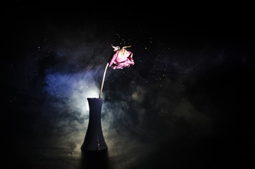 A wilting rose signifies lost love, divorce, or a bad relationship, dead rose on dark background