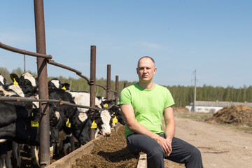 Fototapeta premium Portrait of Farmer feeding cows in farm