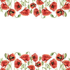 Obraz premium Watercolor floral border with poppies. Hand painted illustration with flowers, leaves, seed capsule and branches isolated on white background. For design, print and background