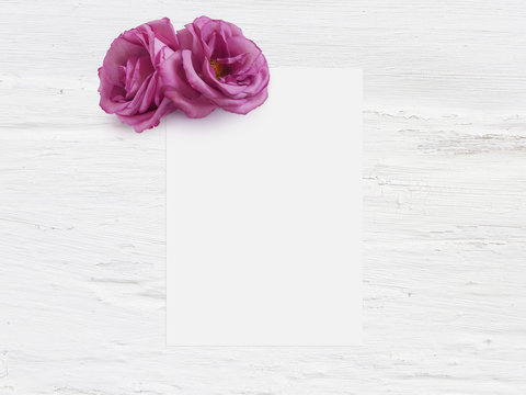 Styled stock photo. Feminine digital product mockup with rose flowers, blank list of paper and shabby white background. Flat lay, top view. Picture for blog or social media.