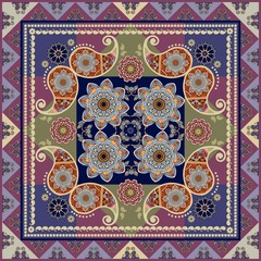 Bandana print or carpet with paisley and flowers mandalas.