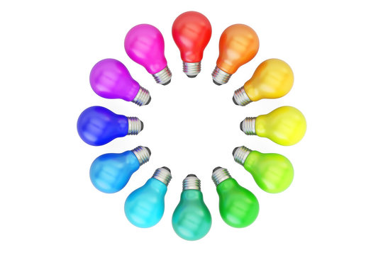 Multicolored light bulbs, 3D rendering