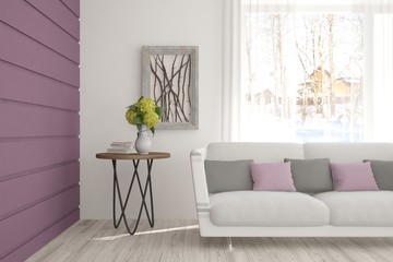 Obraz premium White room with sofa and winter landscape in window. Scandinavian interior design. 3D illustration