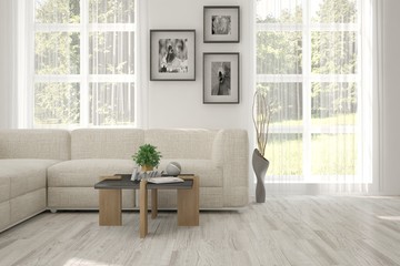 White room with sofa and green landscape in window. Scandinavian interior design. 3D illustration