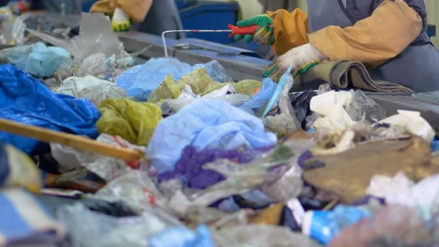 Garbage sorting by unrecognized people. Close up. 4K.