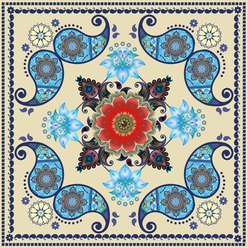 Paisley floral pattern in russian style. Medallion with red poppy and light blue flowers. Winter design. Tablecloth, shawl, carpet, cushion, wrapping design.