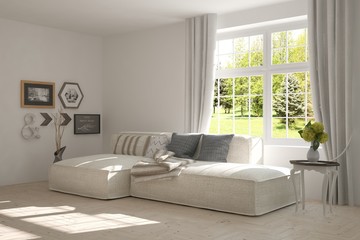 White room with sofa and green landscape in window. Scandinavian interior design. 3D illustration